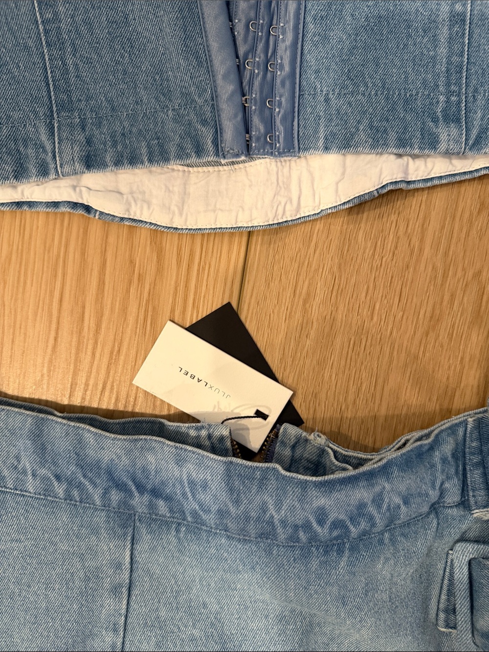 JLUXLABEL Light Blue Denim Wrap Midi Skirt/ trench coat and corset Size small - Picture 3 of 11